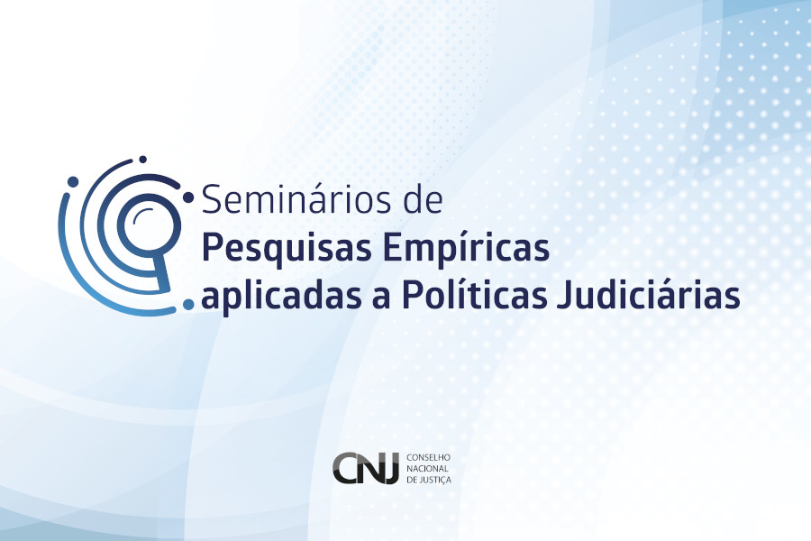 Sobre um fundo gradiente, que vai do azul ao branco, logomarca do evento, com o texto, escrito em um tom de azul mais escuro: Seminários de Pesquisas Empíricas aplicadas a Políticas Judiciárias.