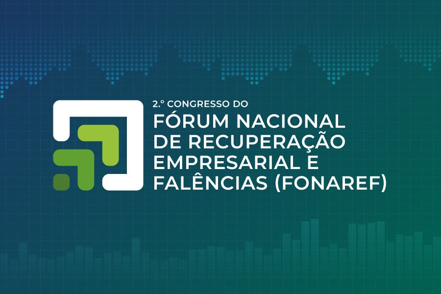 Sobre fundo de tons de verde e azul o texto: 2° Congresso do Fórum Nacional de Recuperação Empresarial e Falências ( FONAREF).