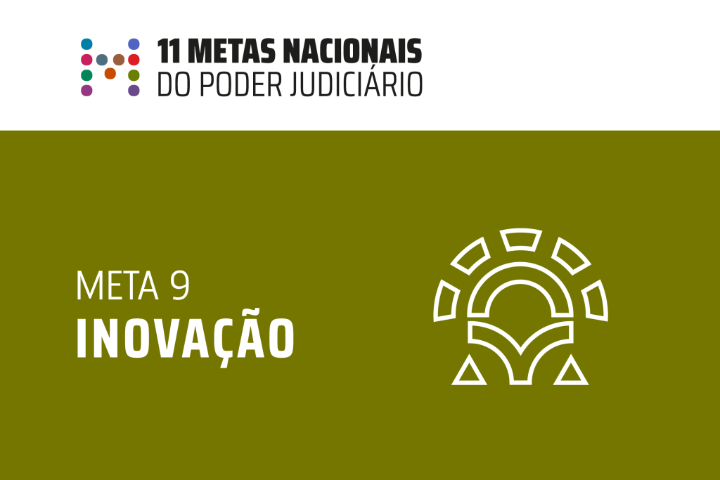 Card dividido horizontalmente em duas partes, nas cores branca na parte superior, e verde musgo na parte inferior. Na parte superior, há a letra “M” formada por bolinhas, além da inscrição “11 Metas Nacionais do Poder Judiciário”. Na inferior, a inscrição “Meta 9 Inovação” e o símbolo do que parece ser um leque.  