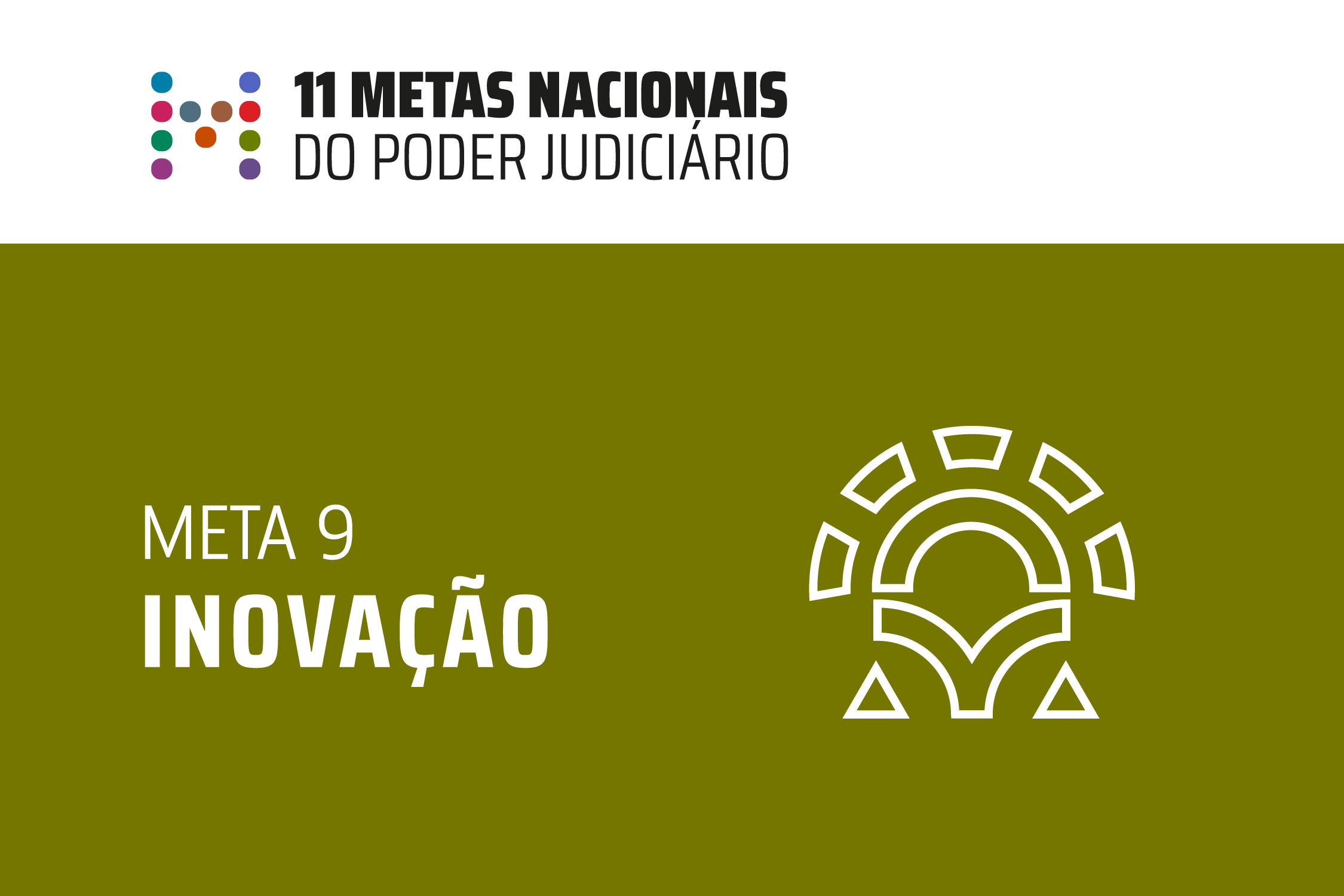 Card dividido horizontalmente em duas partes, nas cores branca na parte superior, e verde musgo na parte inferior. Na parte superior, há a letra “M” formada por bolinhas, além da inscrição “11 Metas Nacionais do Poder Judiciário”. Na inferior, a inscrição “Meta 9 Inovação” e o símbolo do que parece ser um leque.  