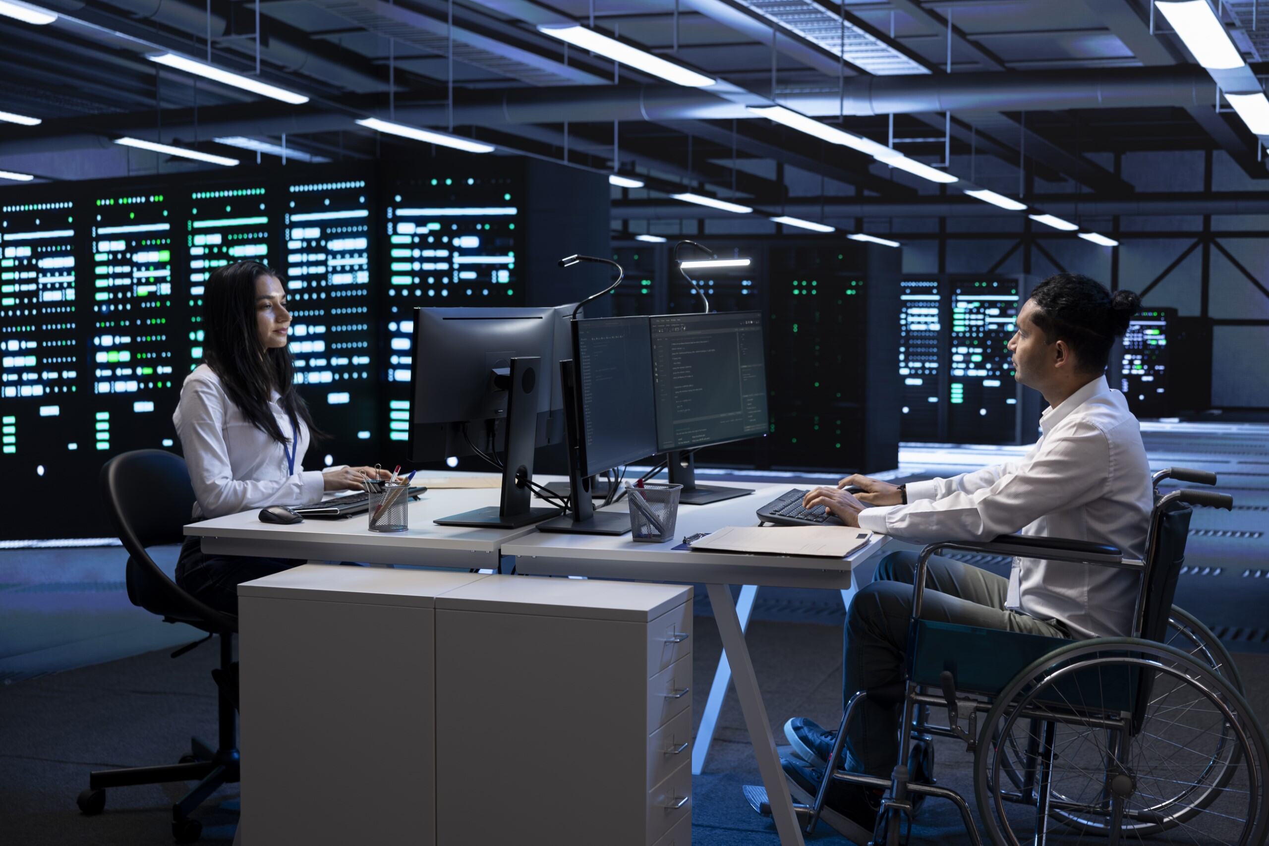 Fotografia de duas pessoas, uma mulher e um homem cadeirante, em uma sala com baixa luminosidade e repleta de servidores. Eles mexem em dois computadores, que estão sobre uma mesa branca. 